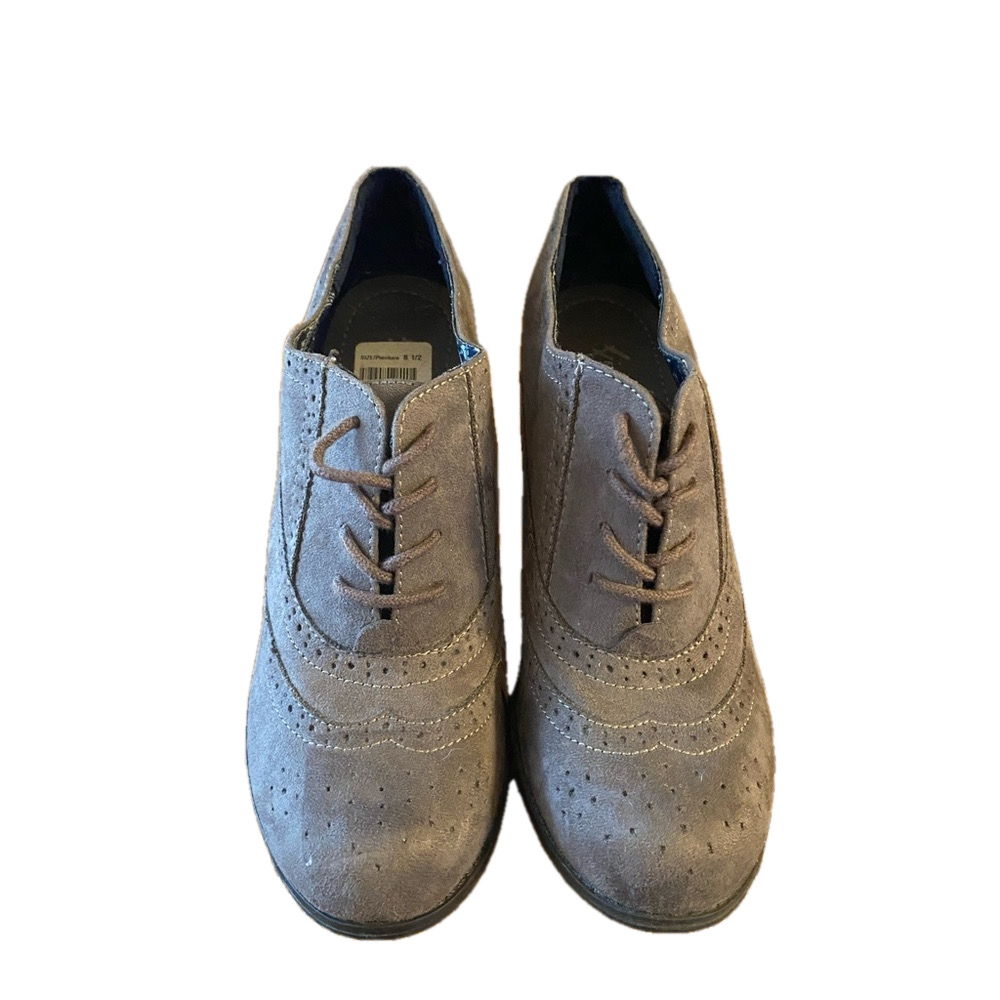 Fioni Grey Faux Suede Lace Up Oxford Brogue Heeled Booties Size 8.5